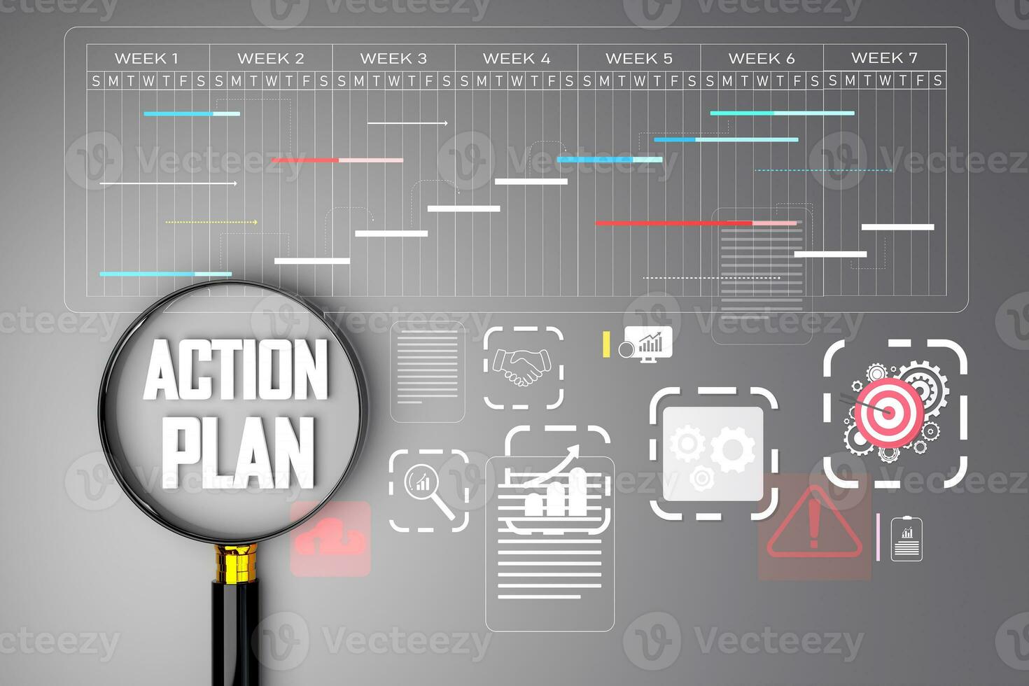 Planning, analysis and preparation of action plans. magnifying glass  searches for action plans with project flow charts and updates task progress by scheduling tasks to achieve them efficiently. photo