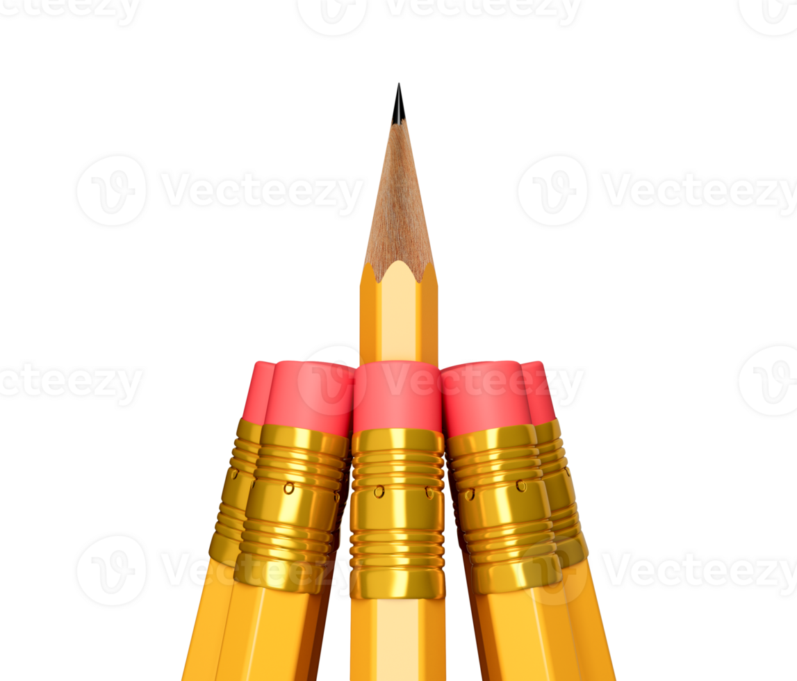 A Sharp pencil among pencil erasers. One sharpened pencil standing out