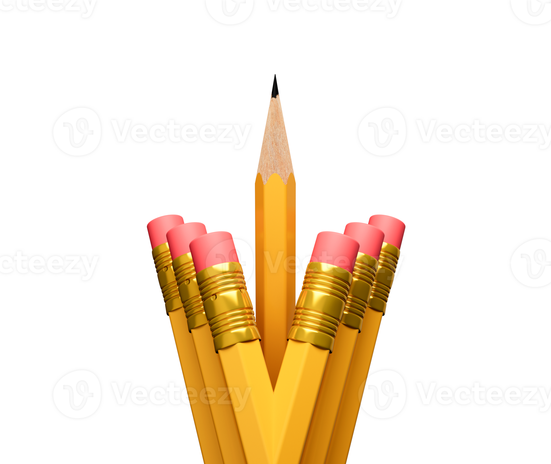 A Sharp pencil among pencil erasers. One sharpened pencil standing out