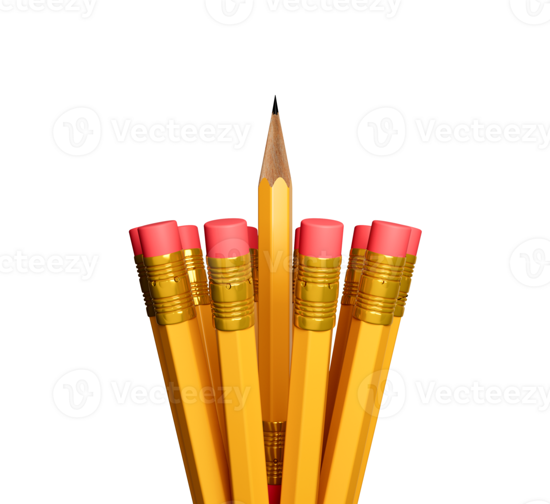 A Sharp pencil among pencil erasers. One sharpened pencil standing out