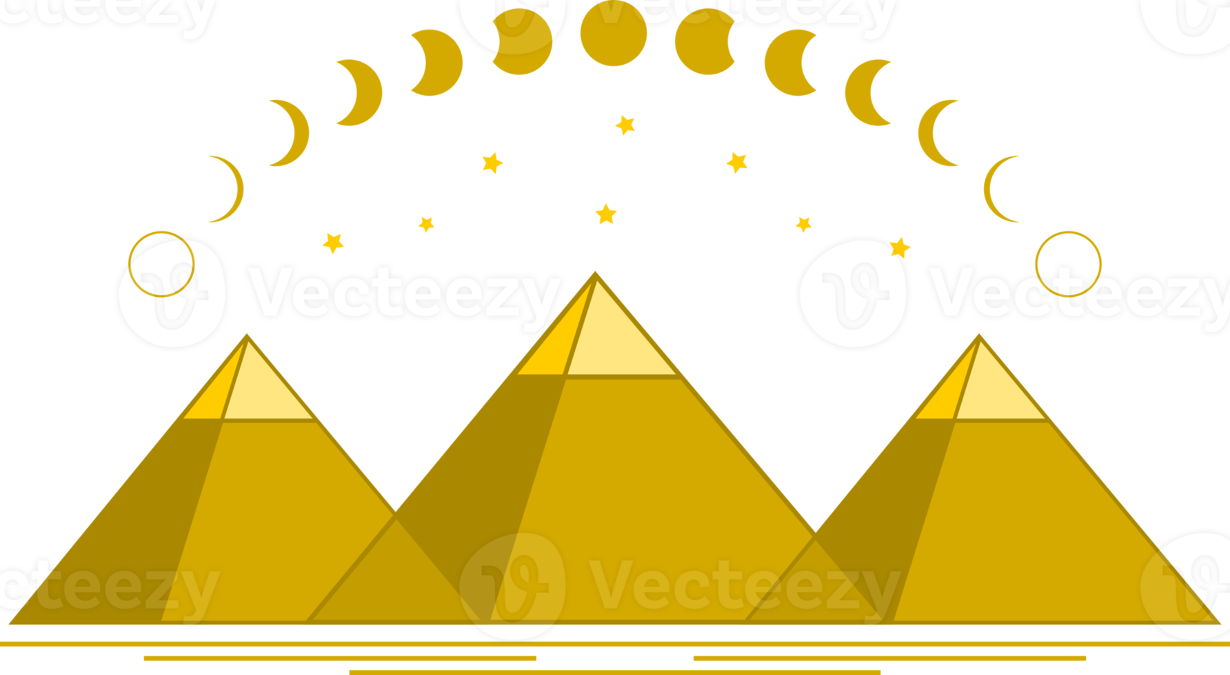 Three egypt ancient pyramid of giza are egyptian pharaoh tomb traingle outline with curve moon different phases or lunar phase and stars png