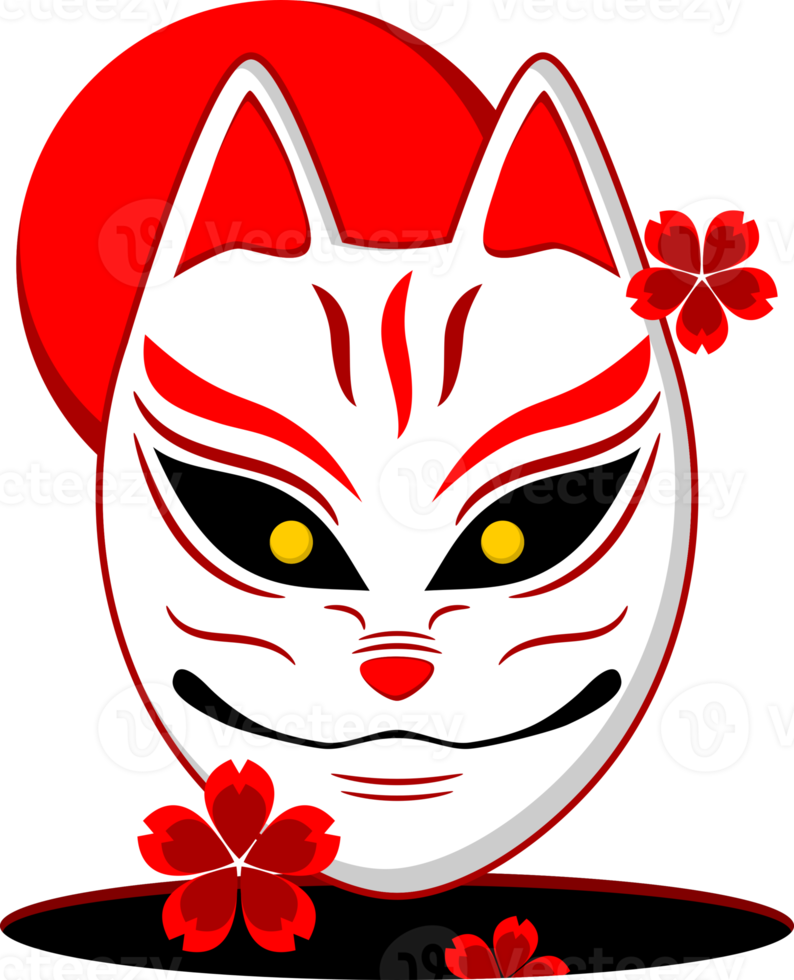 Kitsune fox mask with red sakura flowers and black hole japanese anime style png