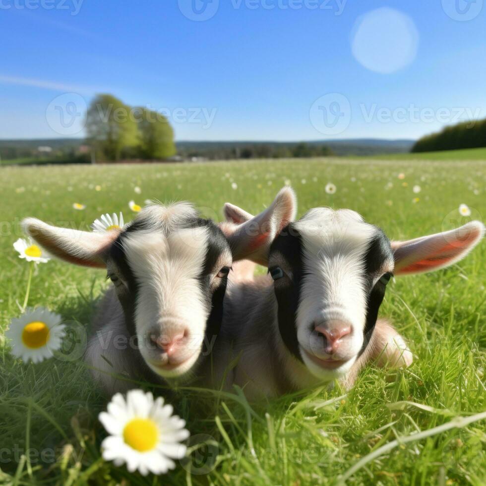 Sheep and lambs. Two little baby goats playing in the meadow. AI generative photo