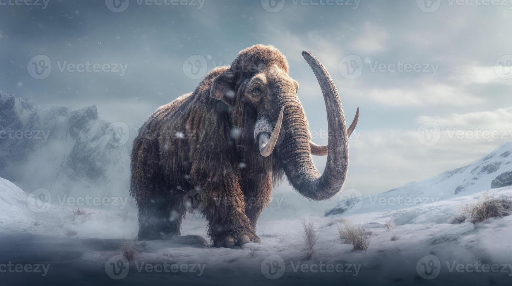 A mammoth standing with snowy mountains in the background with photo
