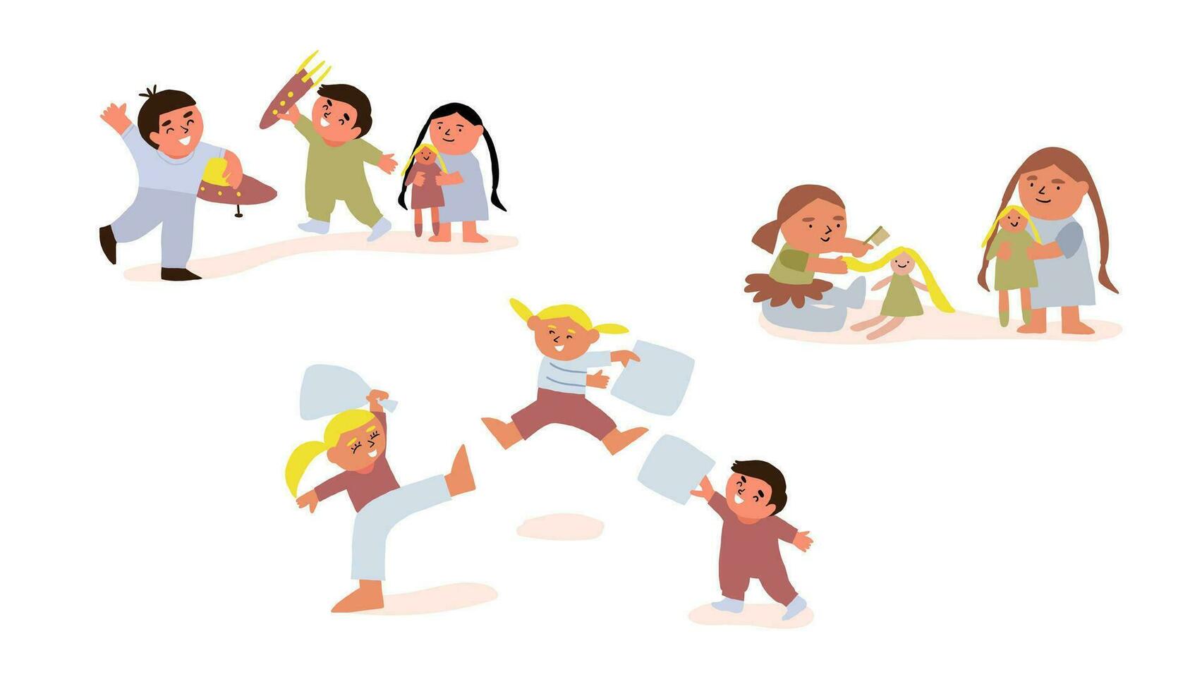 Vector set of scenes of children playing together. Brother sister playing together. Sisters playing dolls, pillow fight of children, brothers playing astronauts.