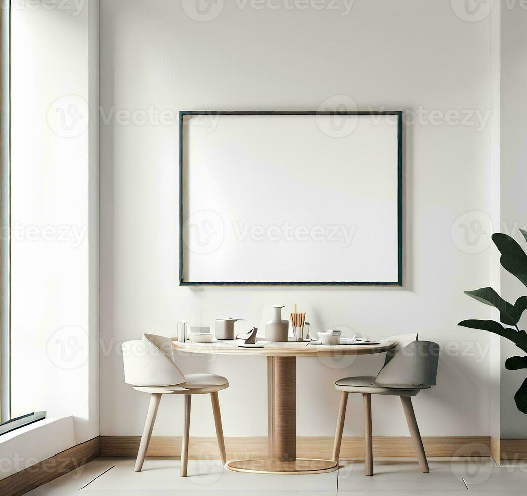 clean design breakfast nook with modern minimalist design, empty framed template of artwork, poster blank mockup AI Generated photo