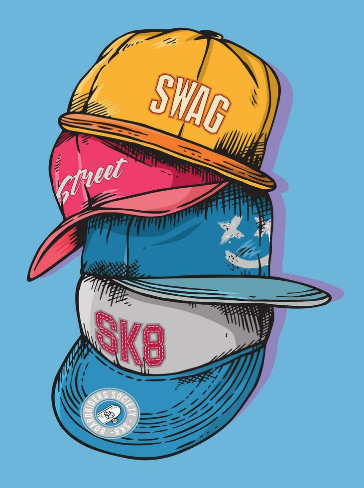 Handmade colorful vector illustration of stacked caps. Artwork depicting different styles of caps. Designs for prints on t-shirts and etc.