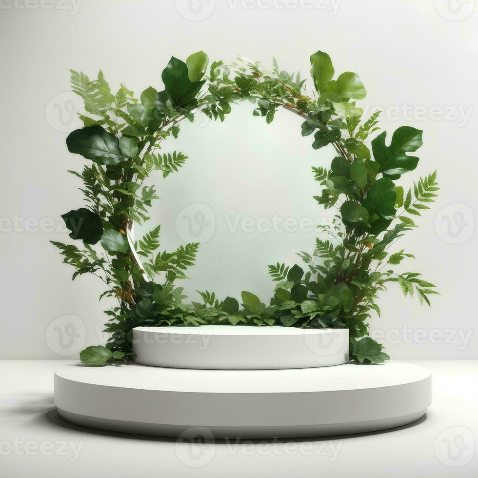 Product display podium with nature leaves on white background with empty space around it AI Generated photo