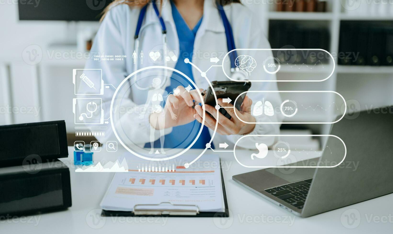 health care business graph data and growth, Medical examination and doctor analyzing medical report network connection on tablet screen. photo