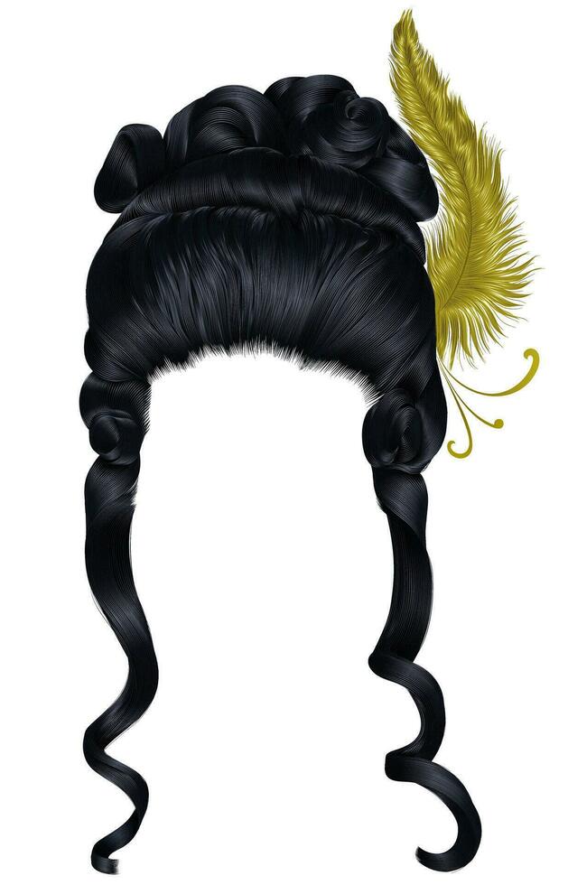 mujer peluca pelos rizos. estilo medieval rococó, barroco. peinado alto con pluma. vector