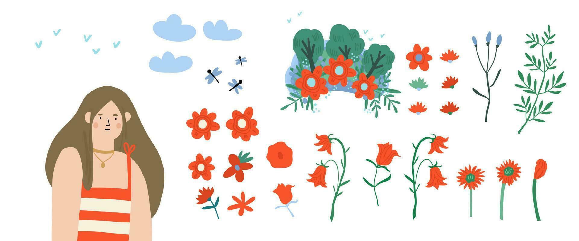 linda conjunto de clipart con niña personaje con primavera flor guirnalda, flores, nubes, hojas. primavera concepto para coleccionar femenino primavera tarjeta postal. primavera estado animico clipart en mano dibujado estilo vector