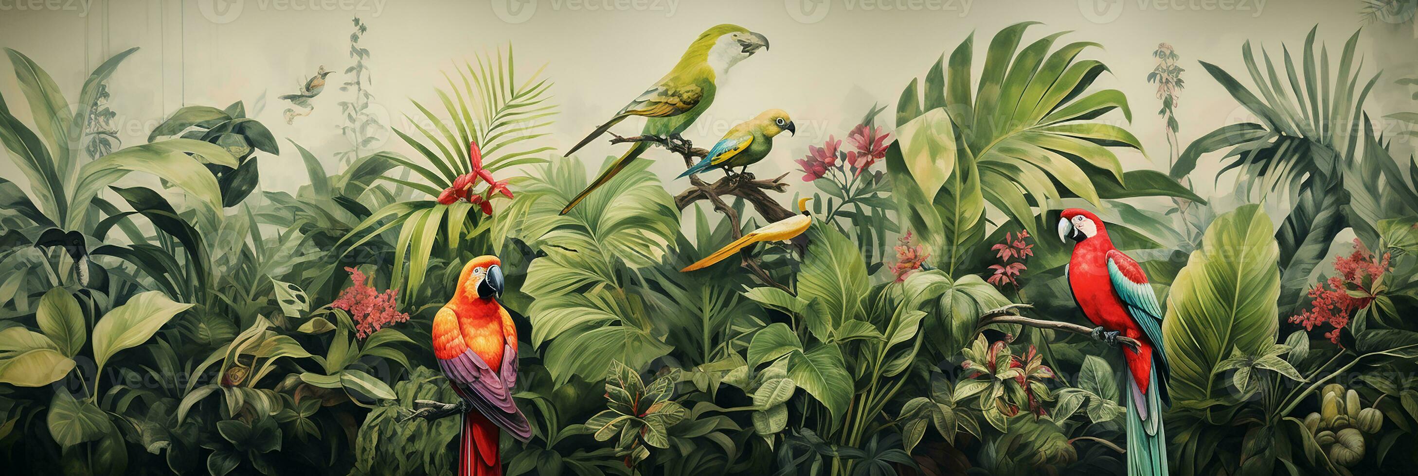 pattern with tropical plants and birds. parrots, palm leaves and tropical flowers. generated AI photo