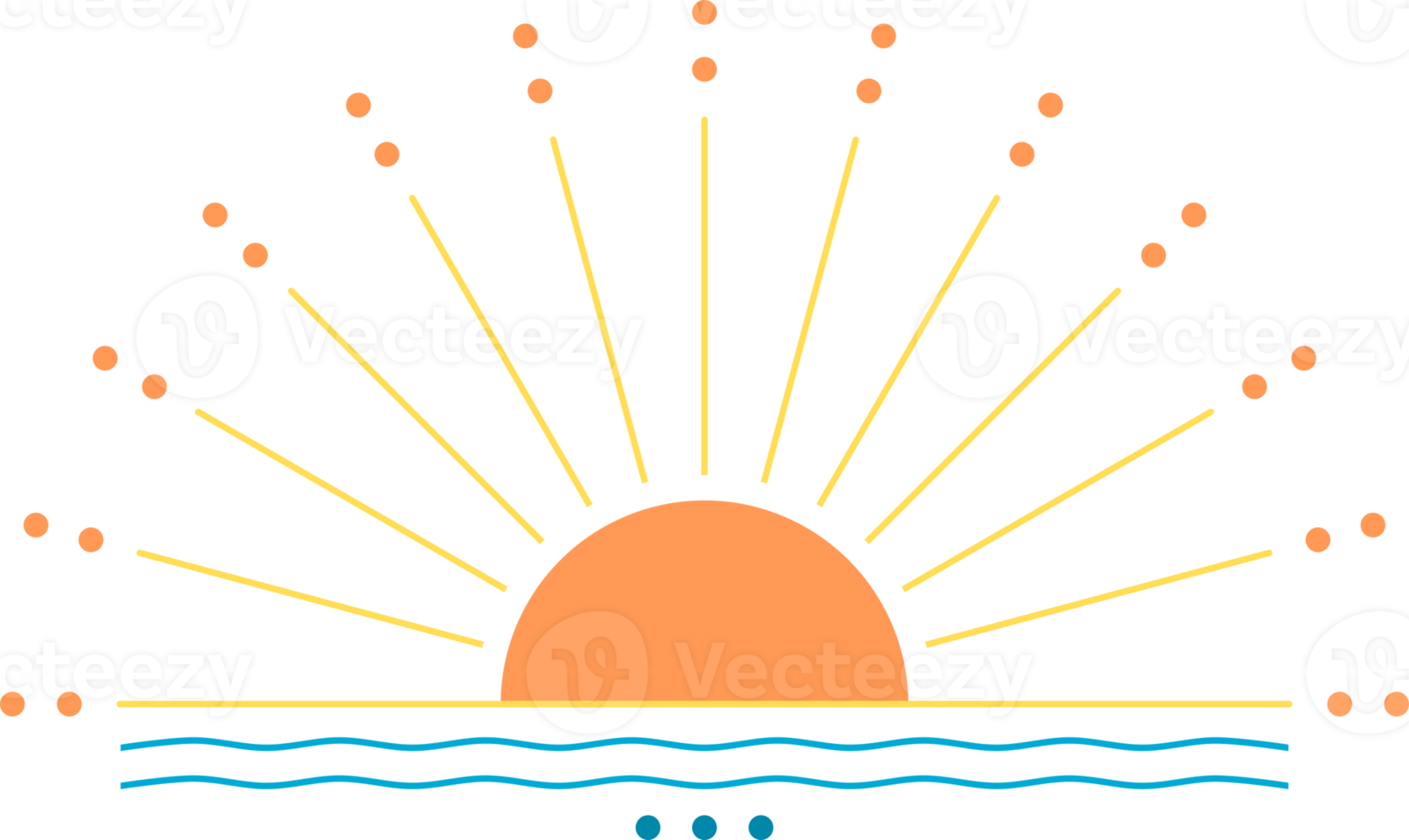 Orange sun with sunlight ray and blue water wave ocean sea sunset or sunrise boho png