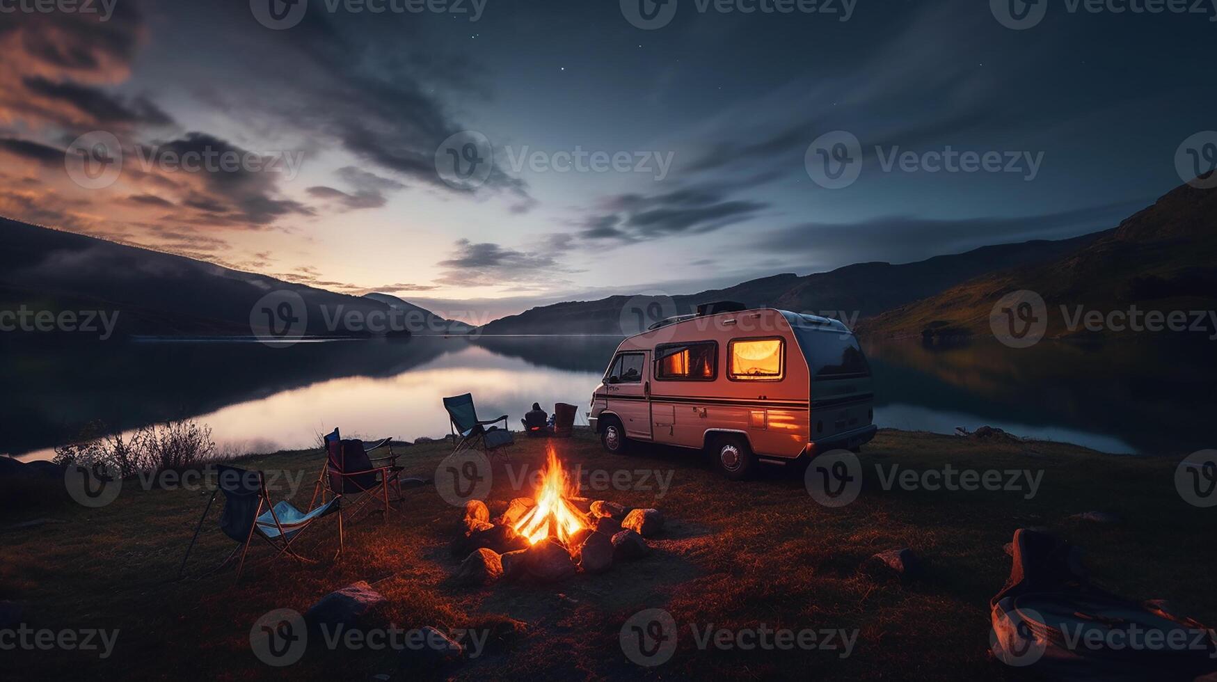 Camping in the mountains. lit camping tent glowing in the night , wild camping . photo