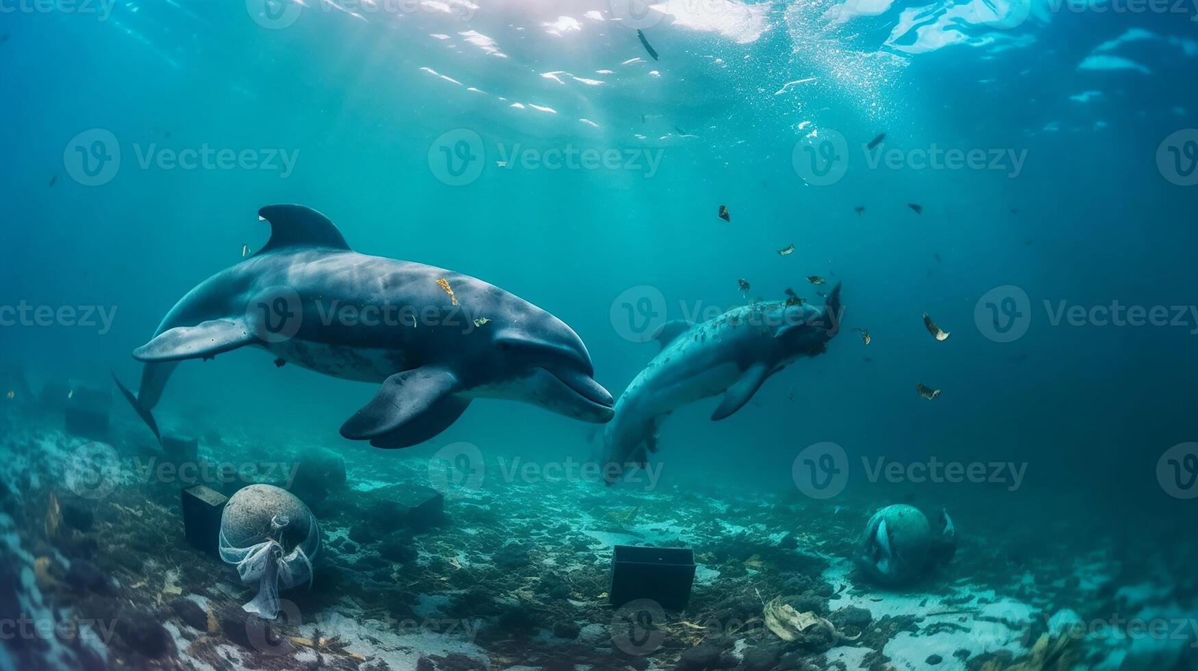 A dolphin trapped in a plastic bag in the ocean. Environmental Protection. photo