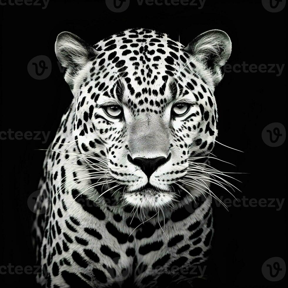 Portrait of a leopard on a black background. Black and white. AI generative photo