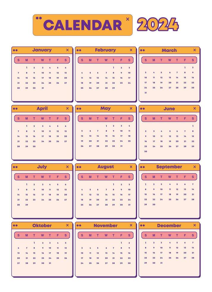 Cute orange 2024 calendar layout template vector