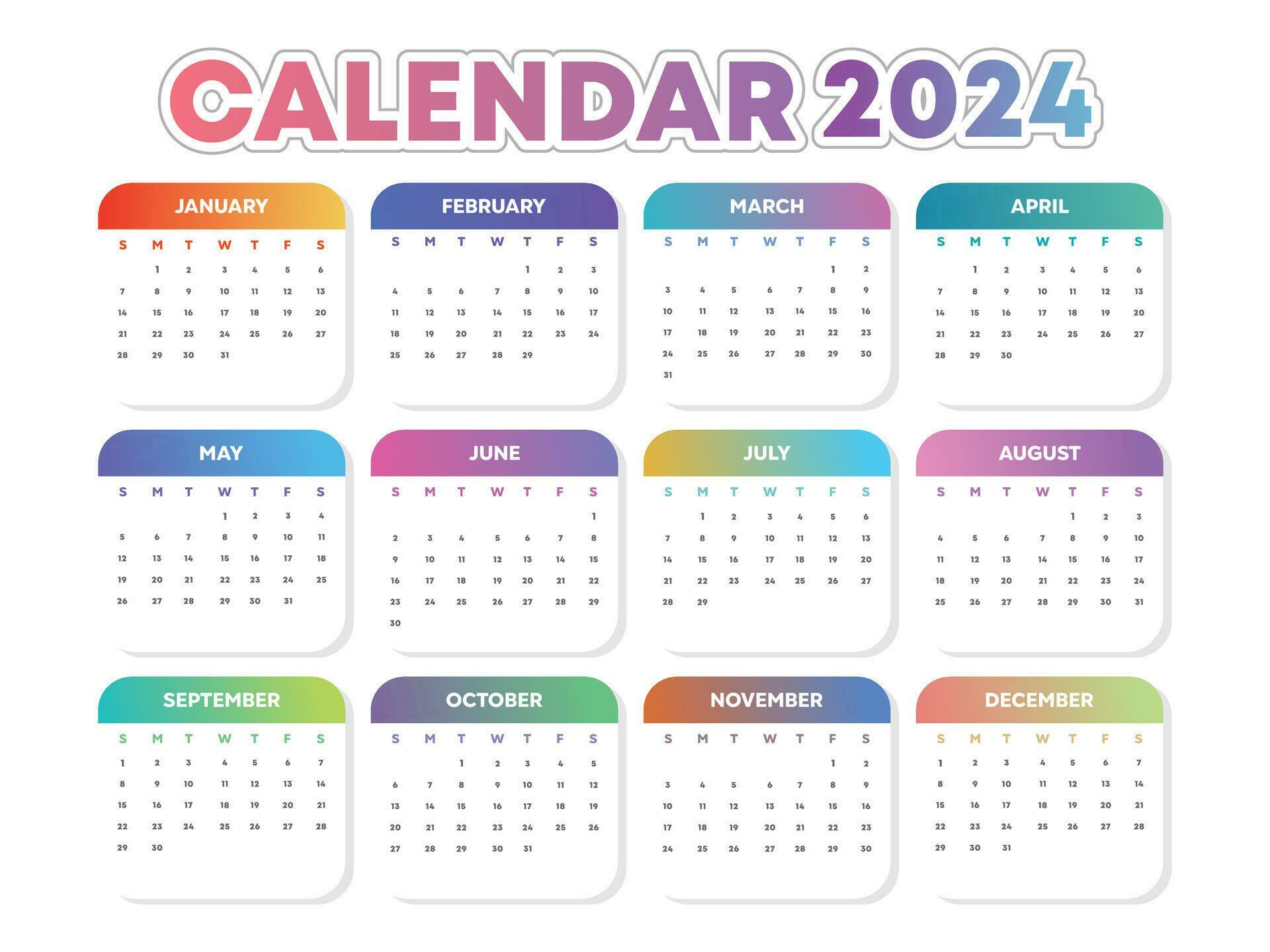 Simple 2024 colorful calendar template 27722246 Vector Art at Vecteezy