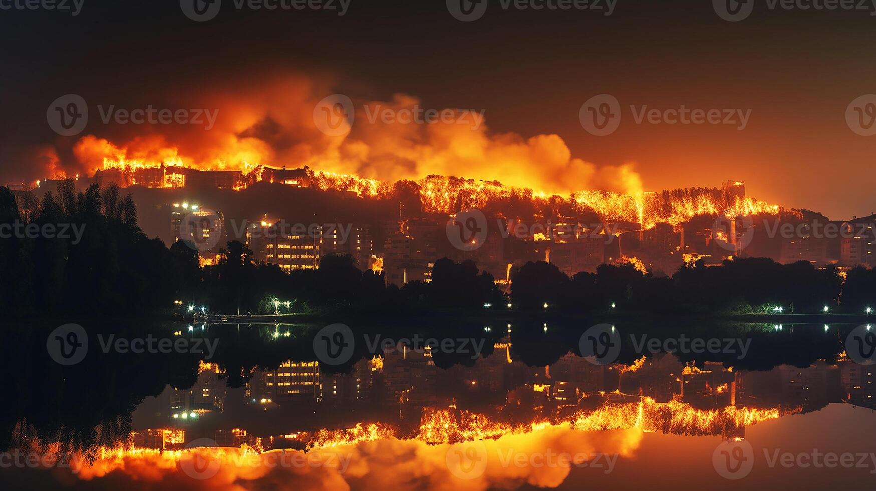 Fire near within the city. Smoke and smell pollute Generative Ai. photo