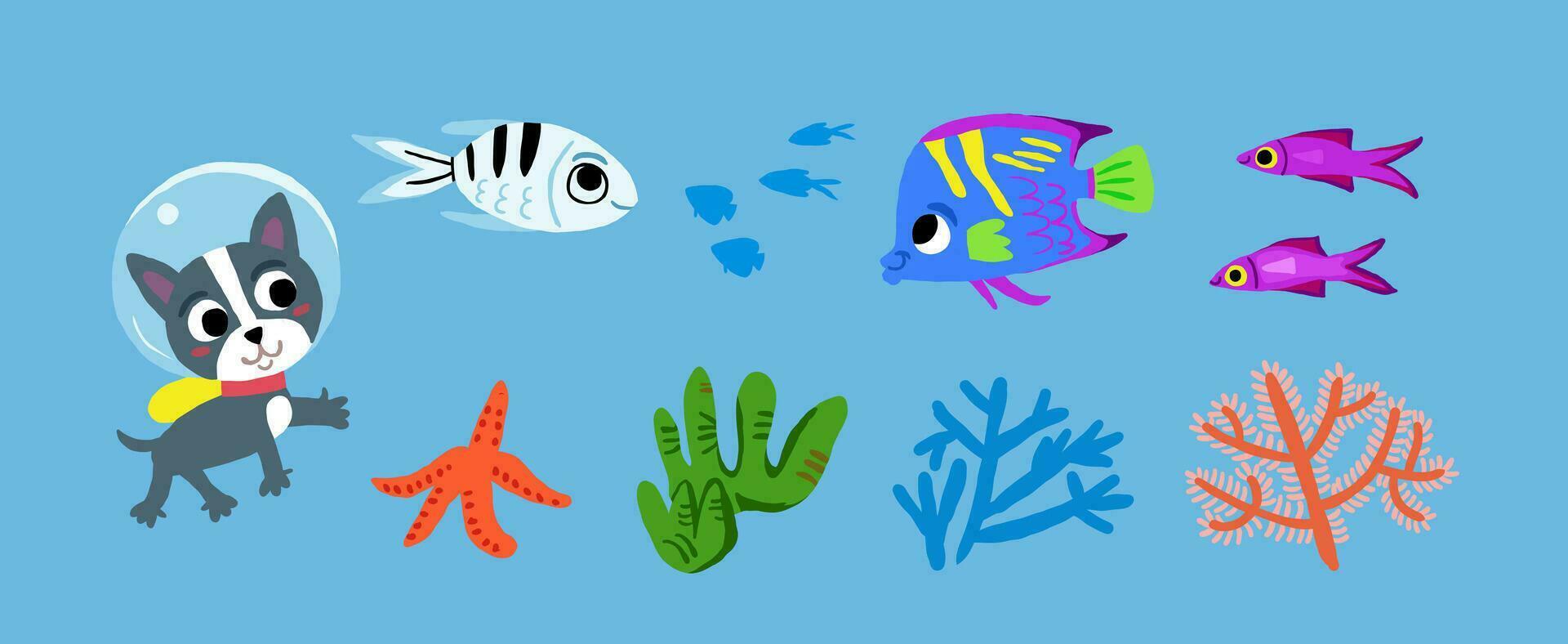 Vector set of underwater characters from children's picture book. Dog diving underwater, cute fish, corals, seaweed. Children illustration of underwater world