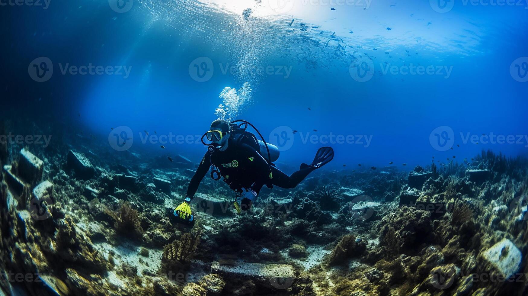 A diver cleans the ocean of plastic. Scuba diver under the sea. photo