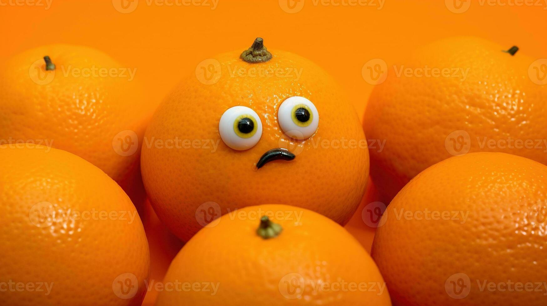 gracioso naranjas con ojos en naranja antecedentes. sano comida concepto. ai generativo foto