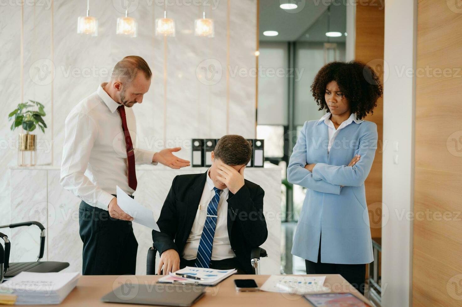 Team thinking of problem solution at office meeting, sad diverse business people group shocked by bad news, upset colleagues in panic after company bankruptcy concept photo