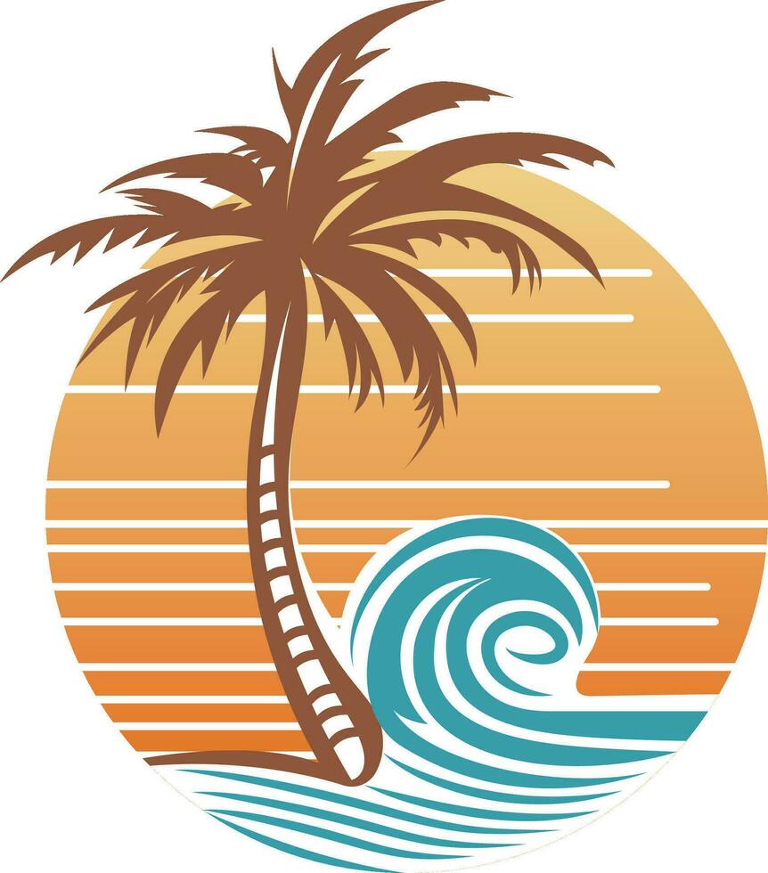 Clásico playa y tropical isla logo modelo vector ilustración, Clásico playa olas y palma árbol en el puesta de sol o amanecer concepto circulo conformado símbolo, acortar Arte valores vector imagen