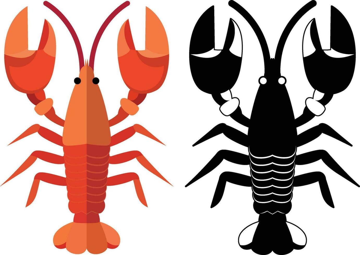 Orange Lobster Flat Style Vector Illustration,Lobster Top View Colored and Black and White Stock Vector Image.