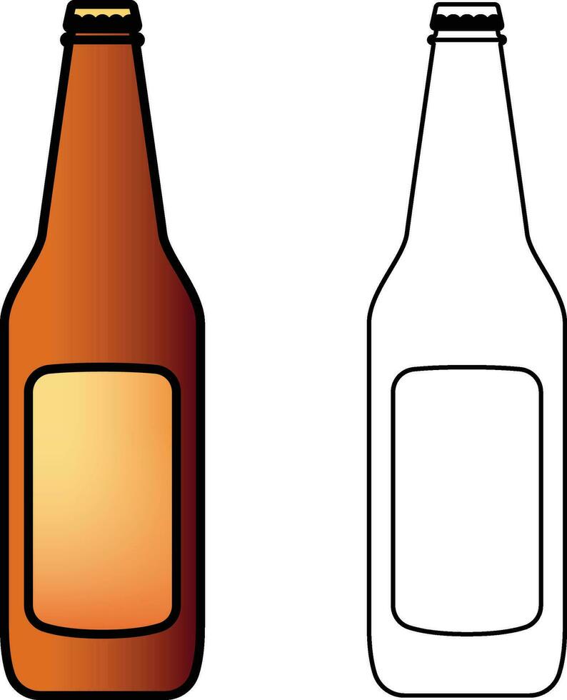 Beer bottle simple cartoon style vector illustration, Beer bottle colored and black and white line art isolated on white background stock vector image