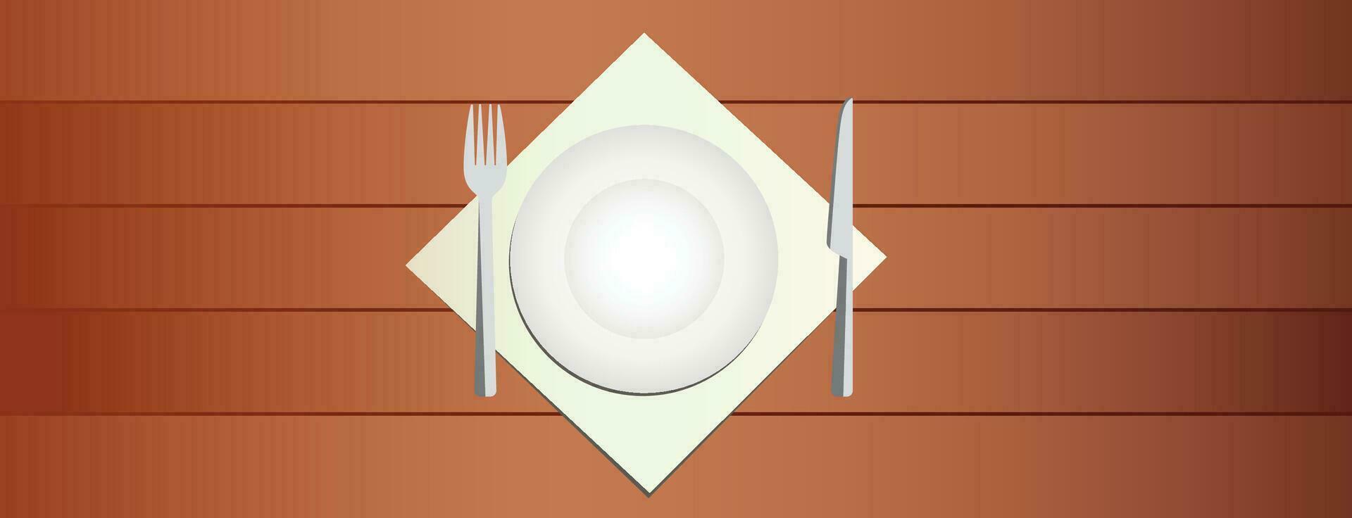 Plate, knife, and fork on napkin cloth on a wooden surface or wooden table stock vector illustration, Empty plate and cutleries on a napkin from top angle stock vector image