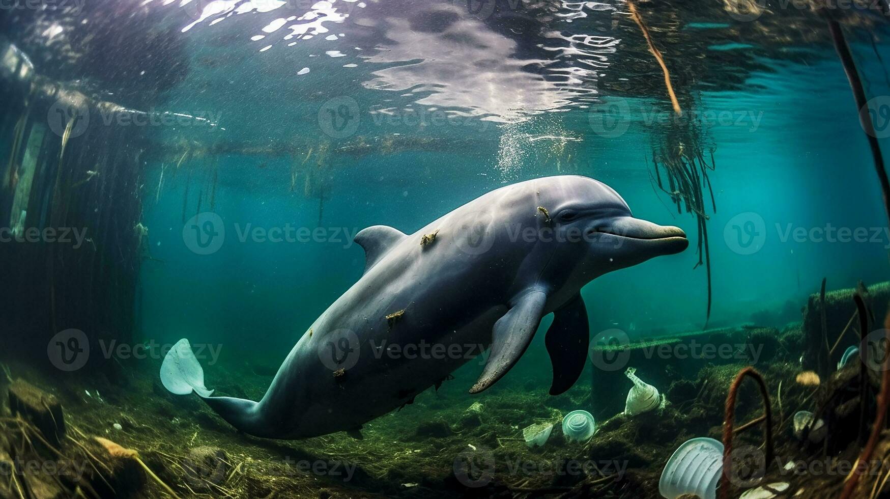 A dolphin trapped in a plastic bag in the ocean. Environmental Protection. Generative ai photo