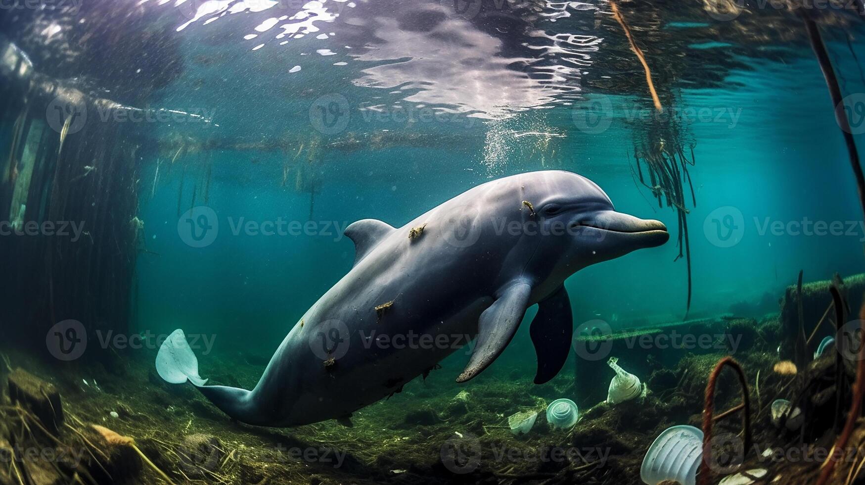 A dolphin trapped in a plastic bag in the ocean. Environmental Protection. Generative ai photo