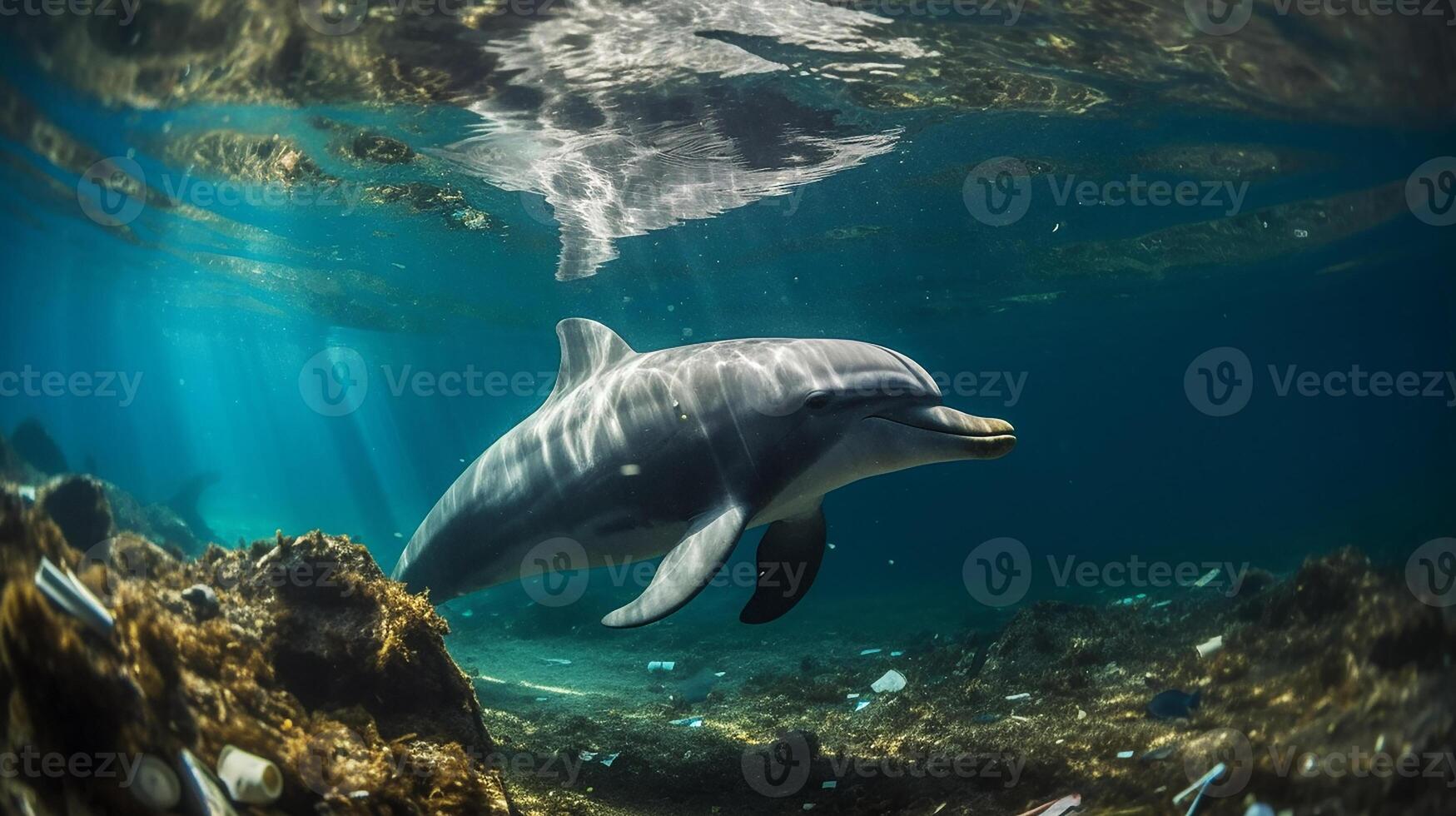 A dolphin trapped in a plastic bag in the ocean. Environmental Protection. Generative ai photo