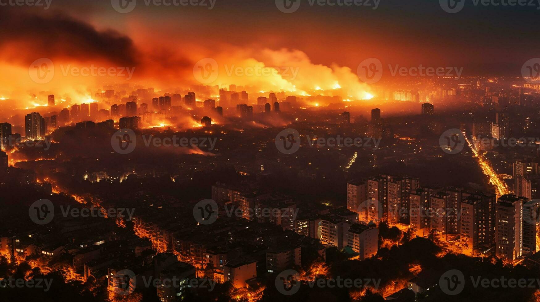 Fire near within the city. Smoke and smell pollute Generative Ai. photo
