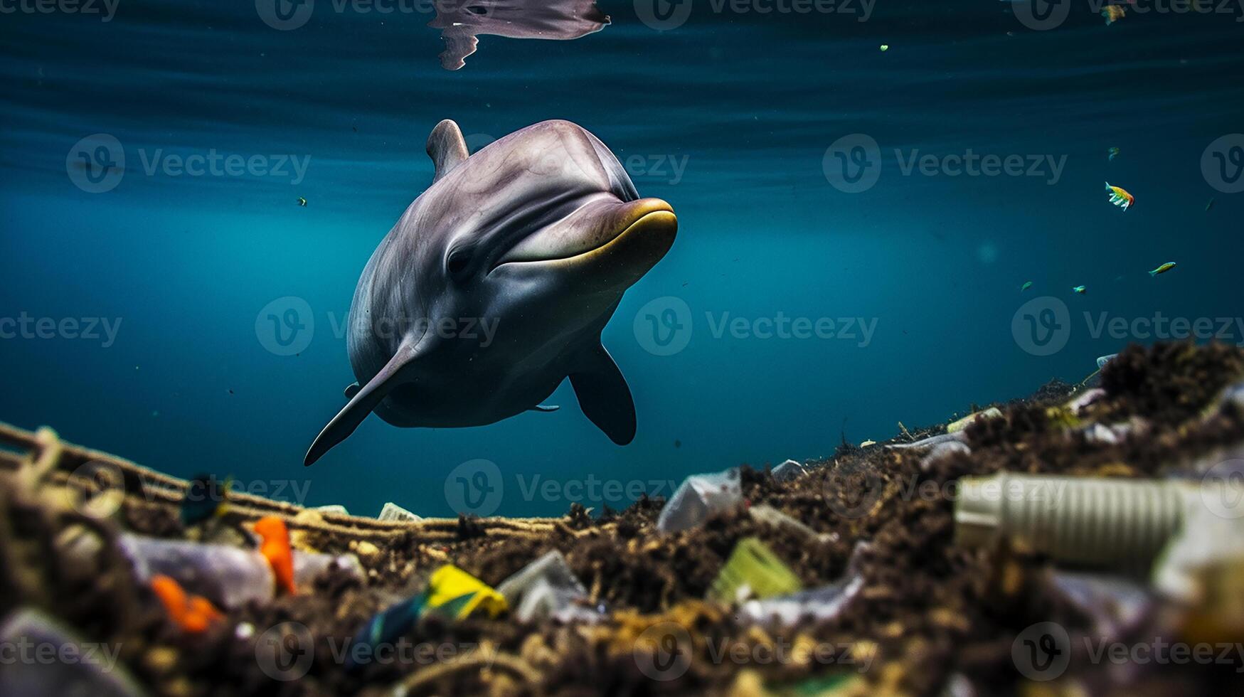 un delfín atrapado en un el plastico bolso en el océano. ambiental proteccion. generativo ai foto