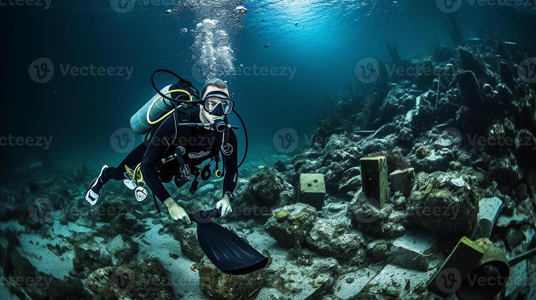 A diver cleans the ocean of plastic. Scuba diver under the sea. photo