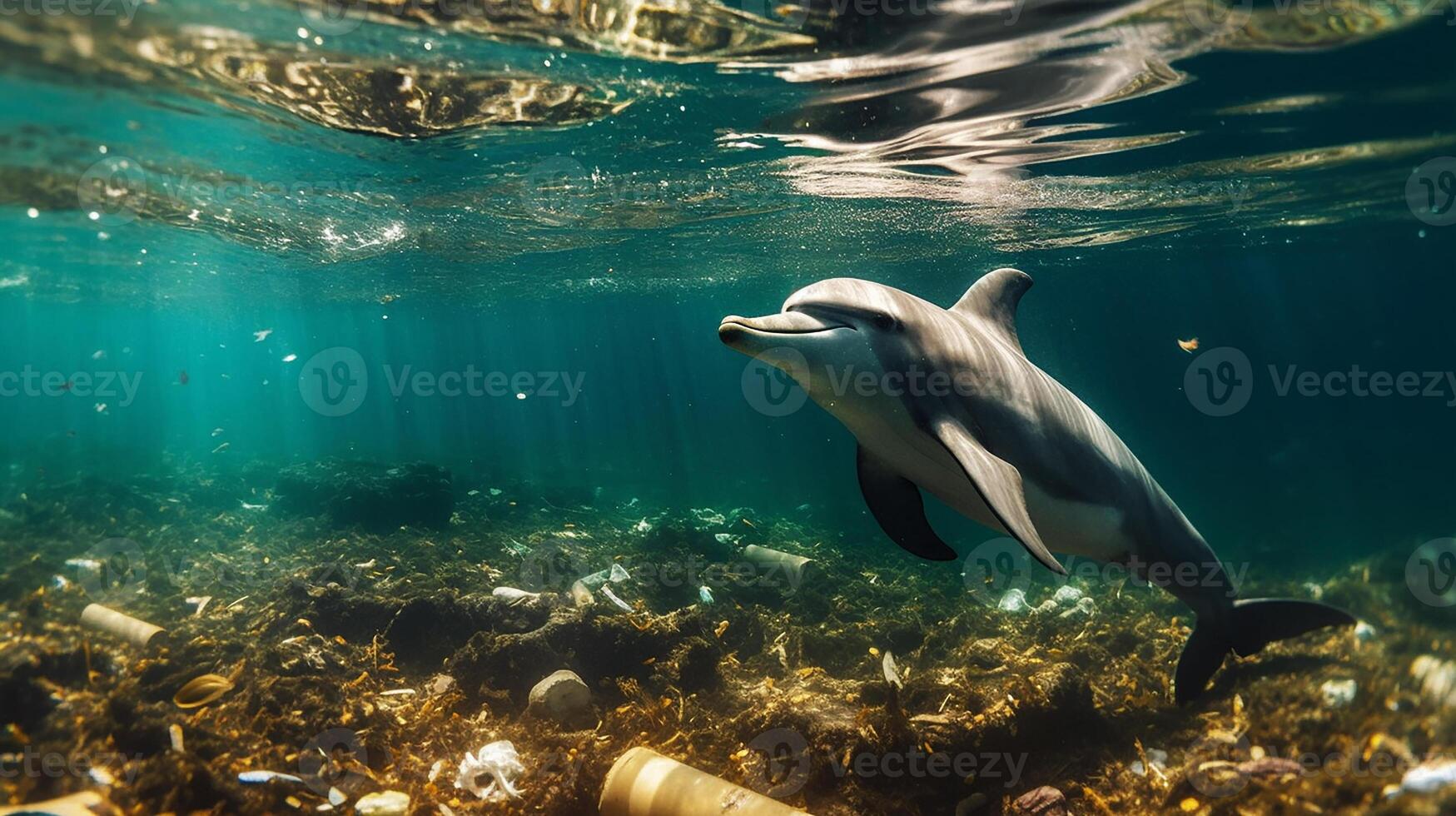 A dolphin trapped in a plastic bag in the ocean. Environmental Protection. Generative ai photo