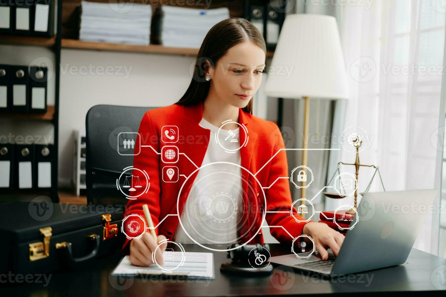 Beautiful Caucasian woman lawyer working and gavel, tablet, laptop in front, Advice justice and law concept. photo