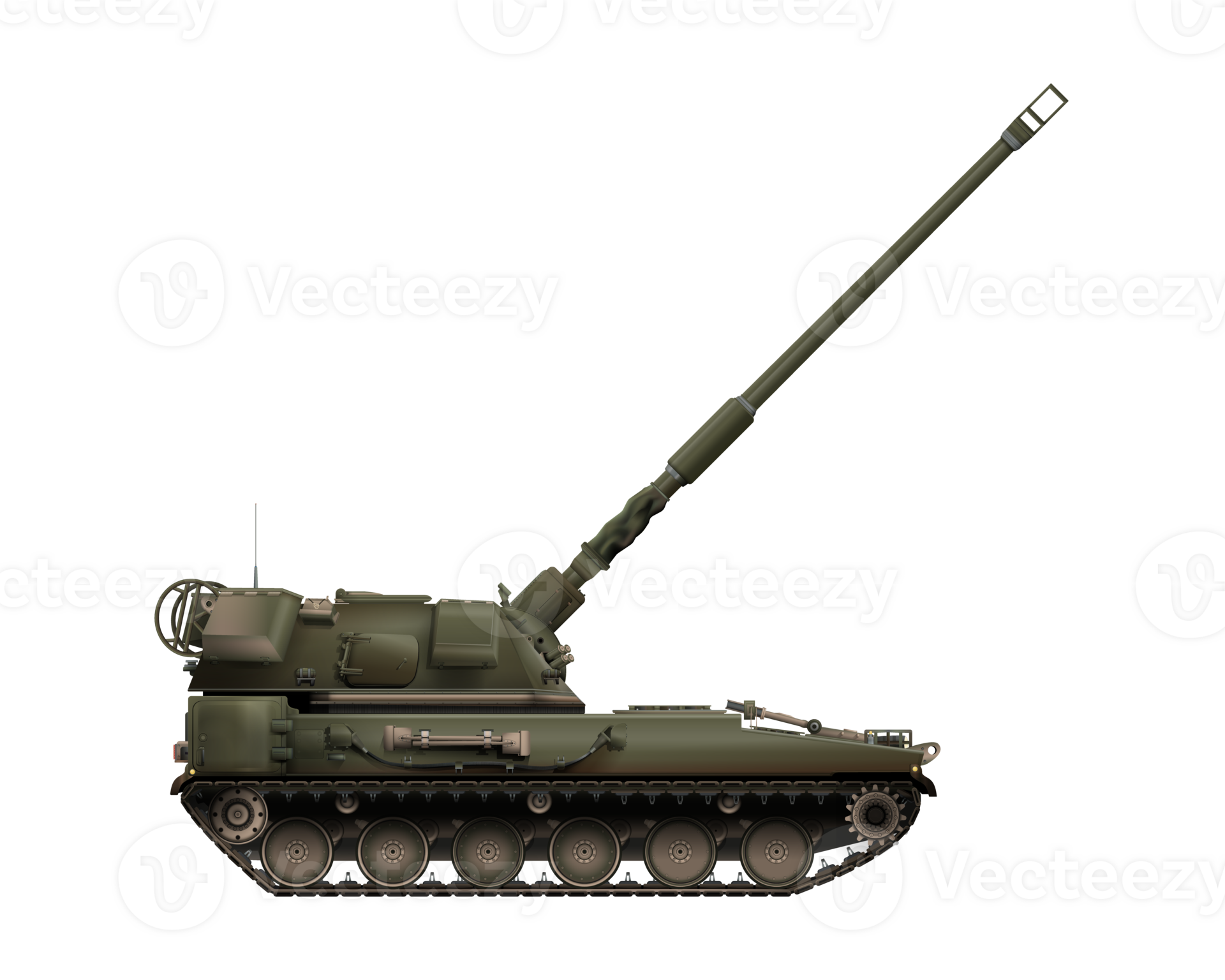 selfpropelled artillery in realistic style. Raised barrel. Military