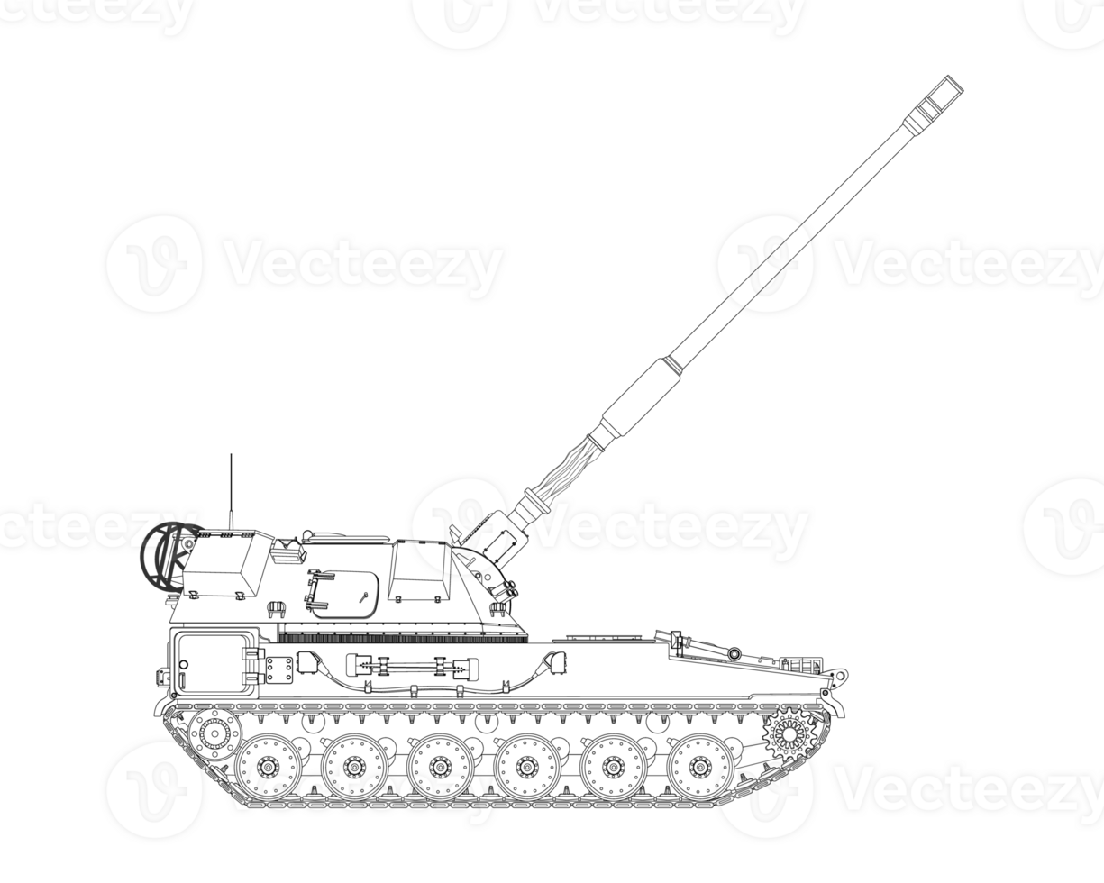 Self-propelled artillery in line art. Raised barrel. Poland army. Military armored vehicle. Detailed PNG illustration.