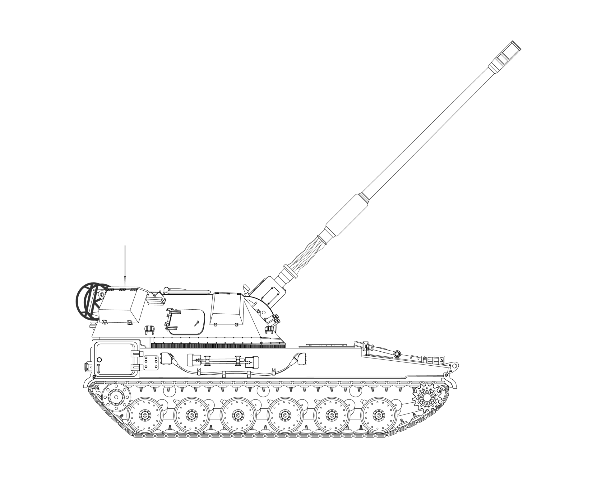 Selfpropelled artillery in line art. Raised barrel. Poland army
