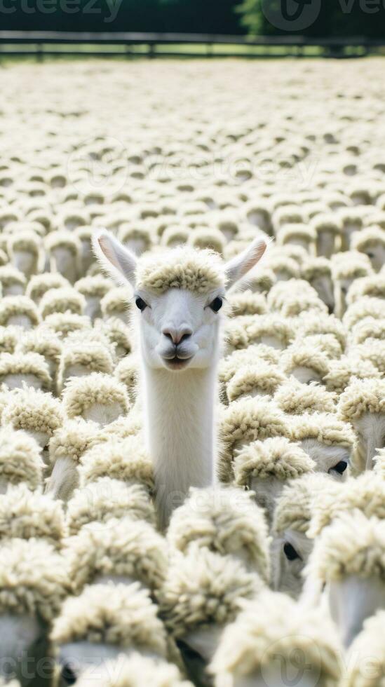 Group of alpacas in the countryside, Alpaca farm. AI generative photo