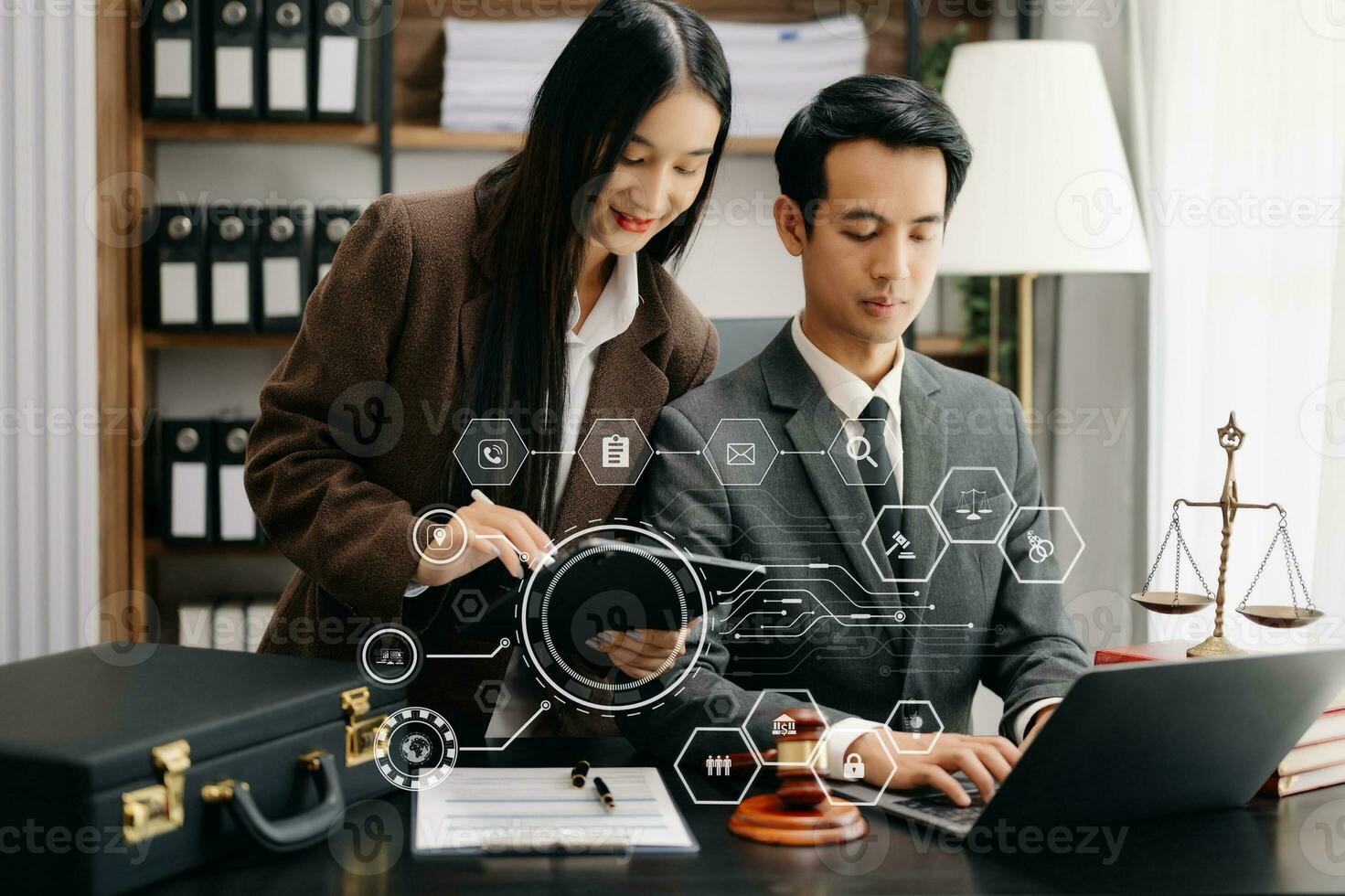 Asian Business and Male lawyer or judge consult having team meeting with client, Law and Legal services concept.Customer service good cooperation photo