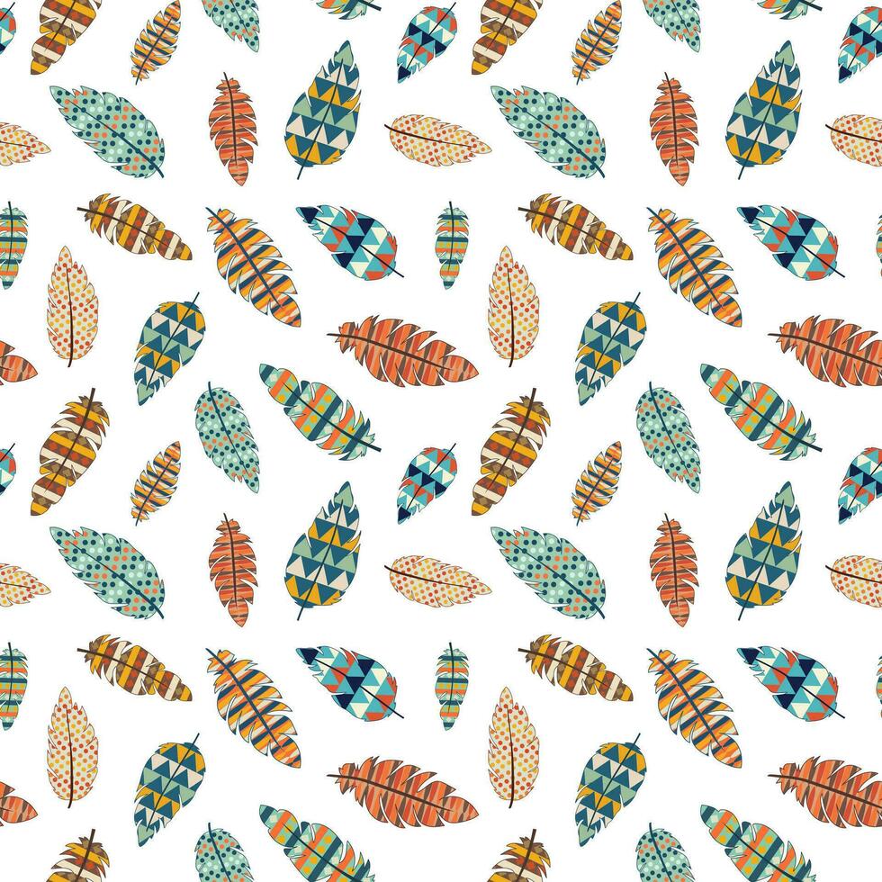 Seamless pattern, colorful feathers of Indians, African tribes, ancient wild tribes. Vector. Fashion design in boho style. For print, textile, fabric, clothing, wrapping paper, notebook cover. vector