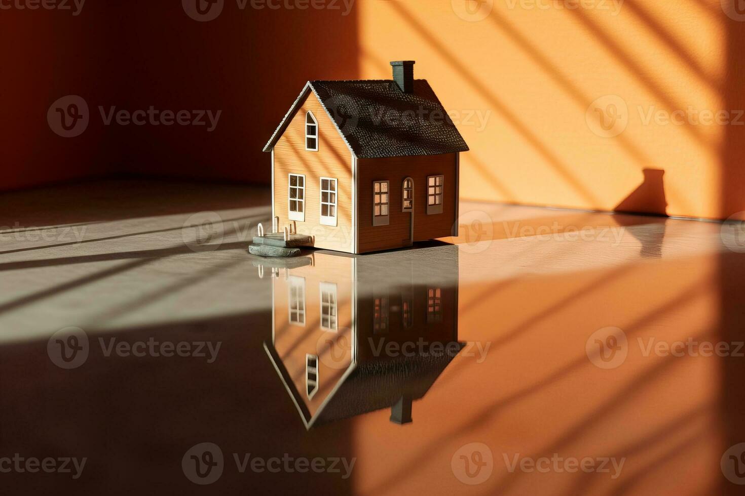 A small house sitting on top of a shiny surface photo