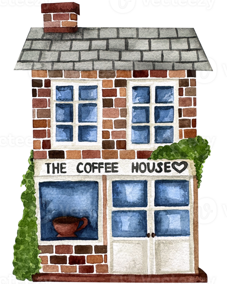Cute fabulous brick book shop, coffee shop and house with a tiled roof on a white background with watercolor illustration isolated on a white background. Hand-drawn set of suburban European houses. png