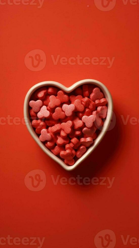 Heart shaped candies. Candy Cinnamon Hearts in Ceramic Heart. AI Generated photo