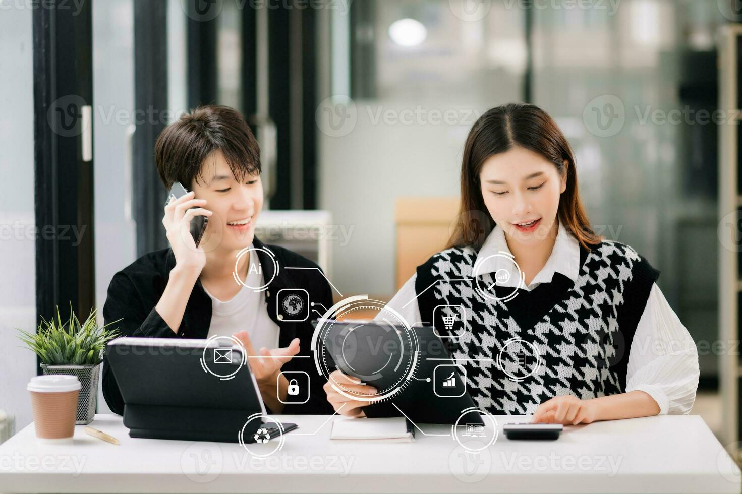 Business Asian team present. professional investor working new start up project. tablet laptop computer with digital marketing media in virtual icon photo