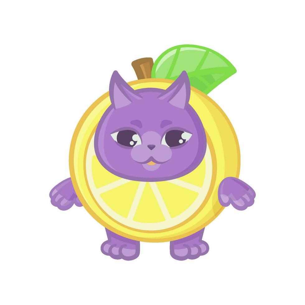 Cheerful happy cat in an orange fruit costume, cartoon vector illustration